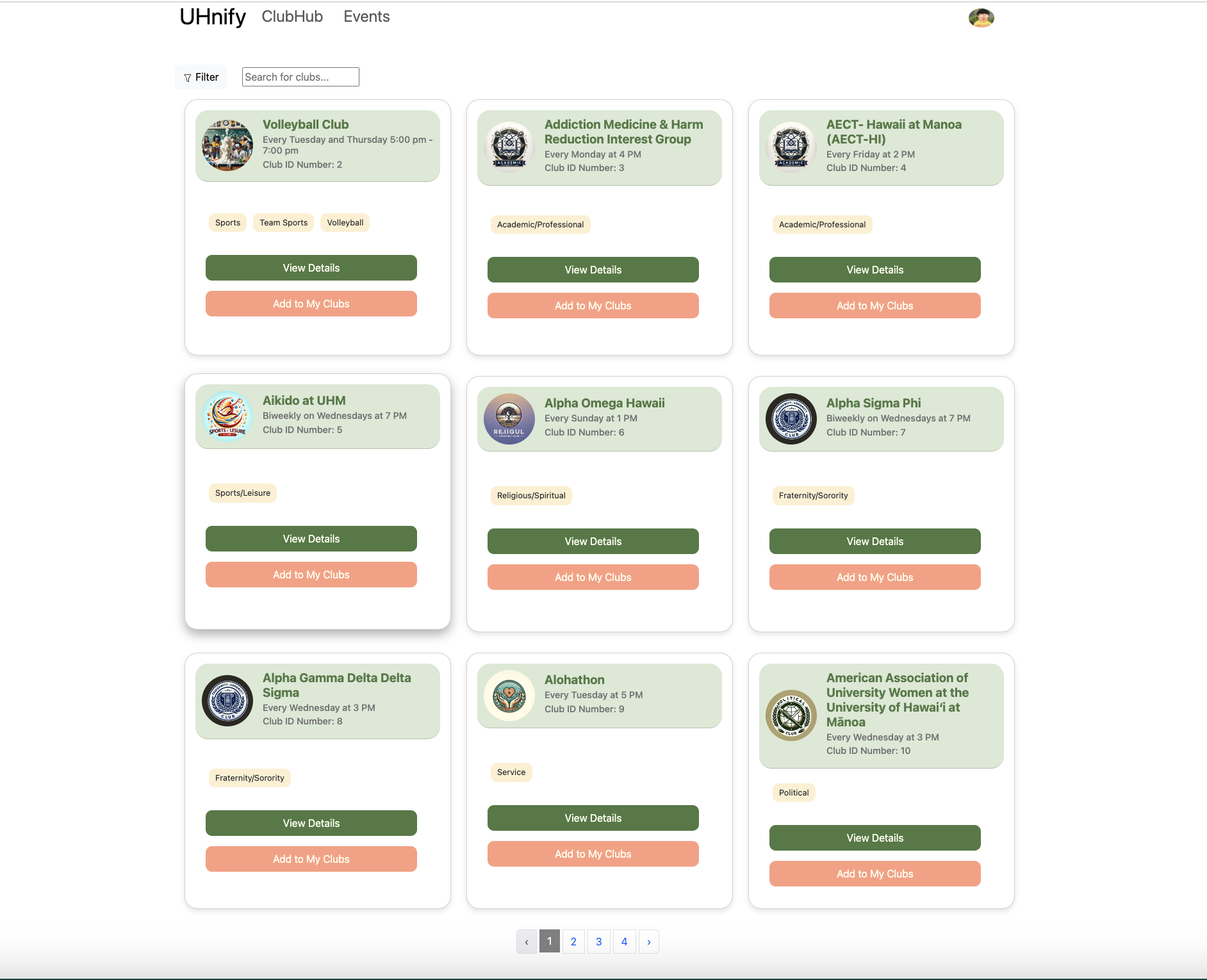 A screenshot of the browse clubs page on the website.